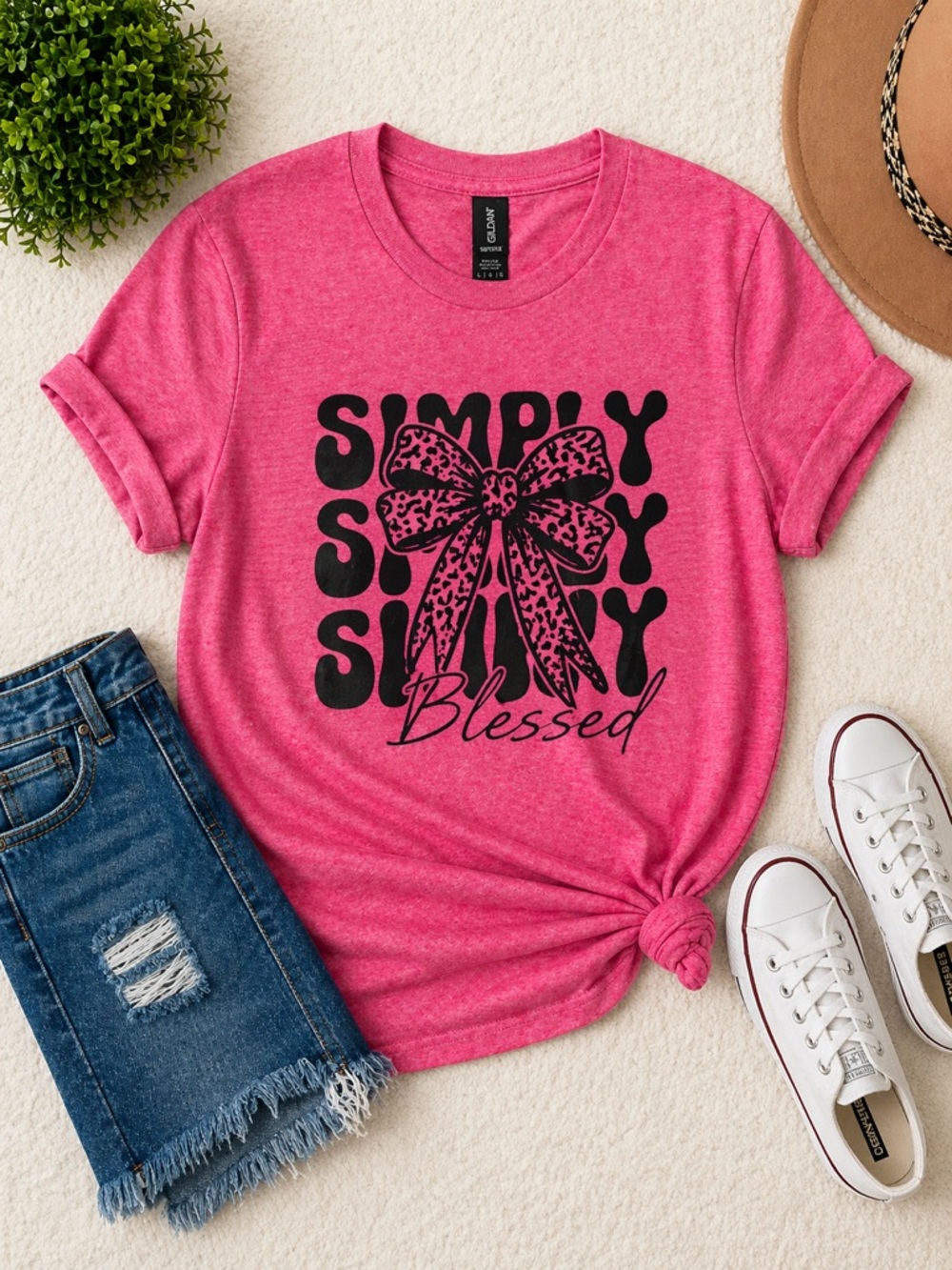 Gildan Hot Pink 'Simply Blessed' Short Sleeve Graphic Tee